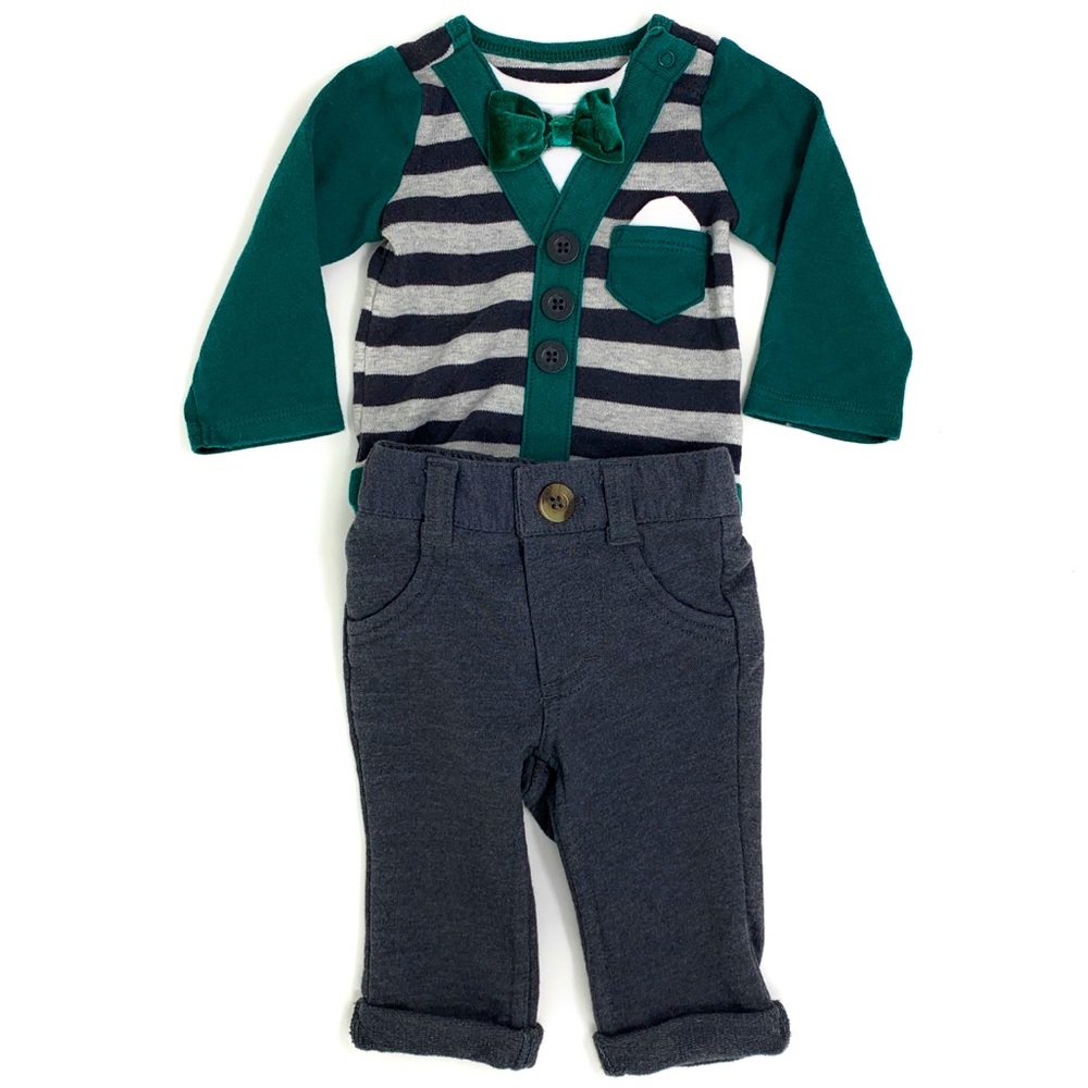 Cat & Jack dressy outfit set baby boy newborn clothes green grey bow tie